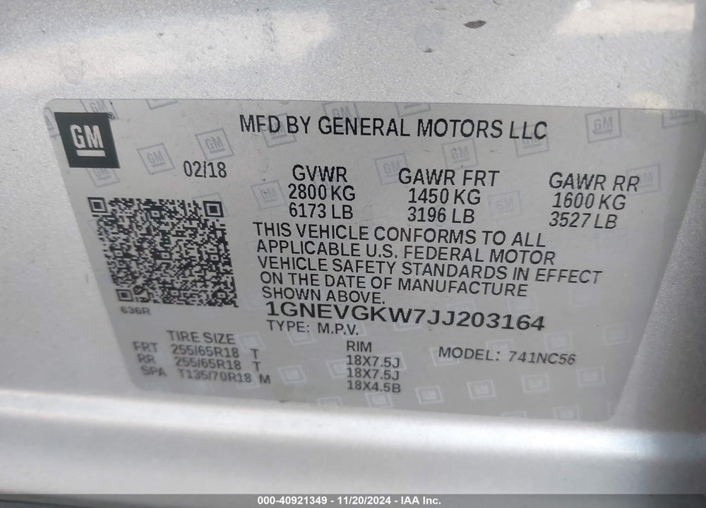 2018 CHEVROLET TRAVERSE 1LT VIN: 1GNEVGKW7JJ203164