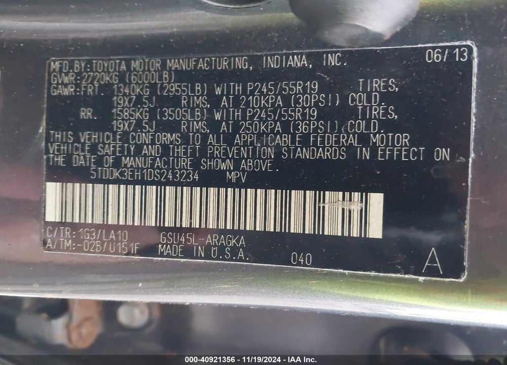 2013 TOYOTA HIGHLANDER LIMITED V6 VIN: 5TDDK3EH1DS243234