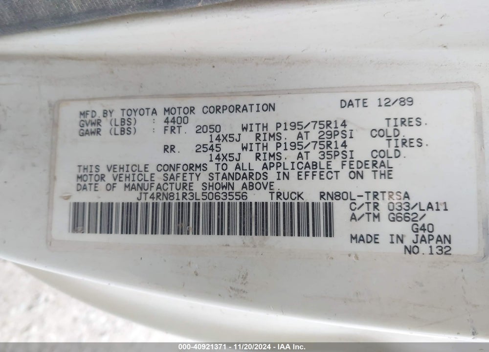 1990 TOYOTA PICKUP 1/2 TON SHORT WHEELBASE VIN: JT4RN81R3L5063556