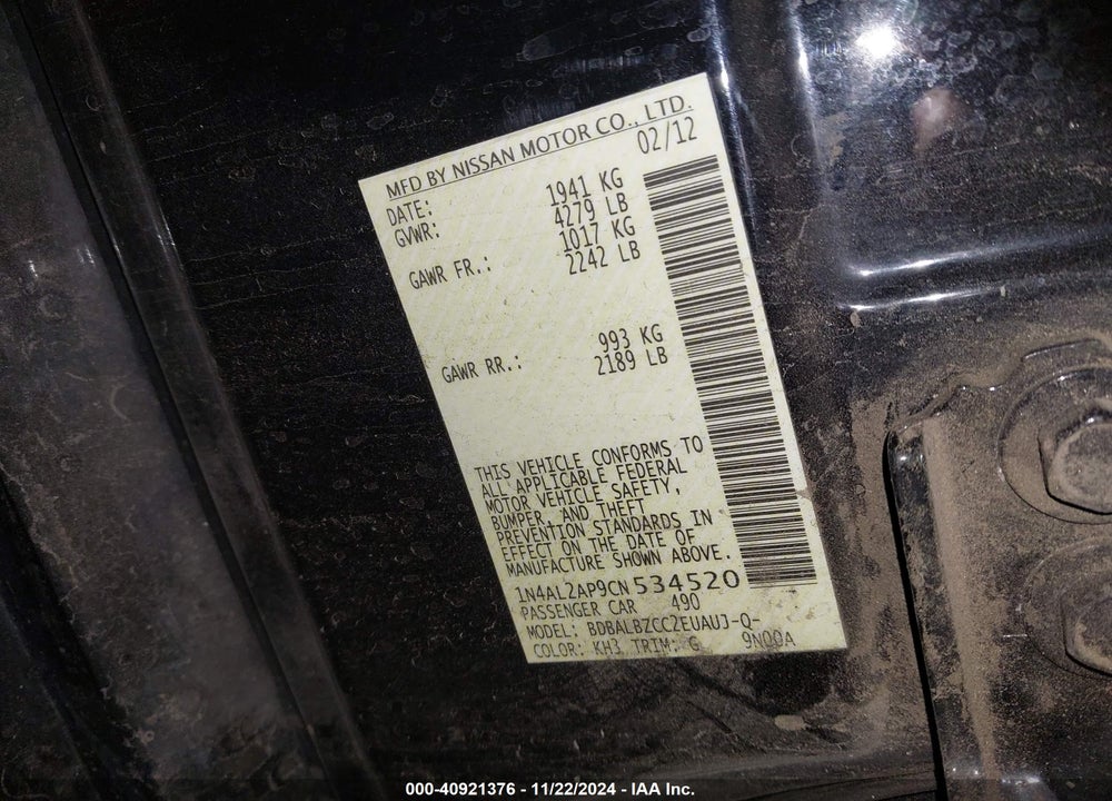 2012 NISSAN ALTIMA 2.5 S VIN: 1N4AL2AP9CN534520