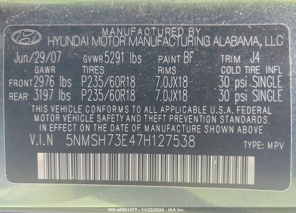 2007 HYUNDAI SANTA FE LIMITED/SE VIN: 5NMSH73E47H127538