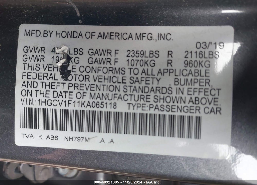 2019 HONDA ACCORD LX VIN: 1HGCV1F11KA065118