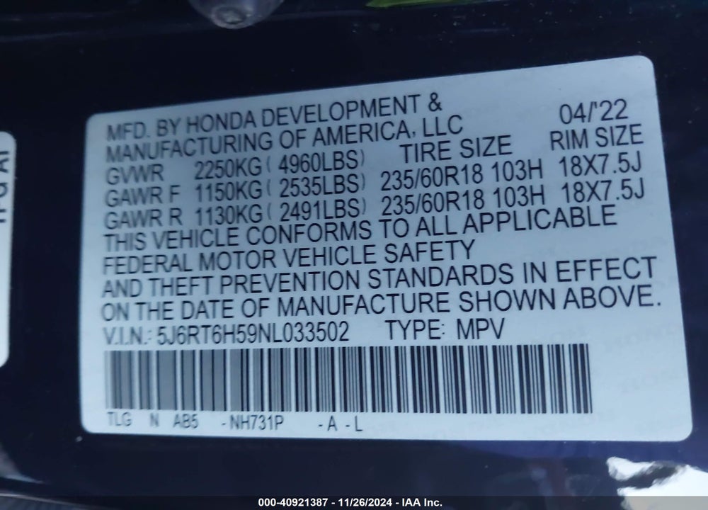 2022 HONDA CR-V HYBRID EX VIN: 5J6RT6H59NL033502