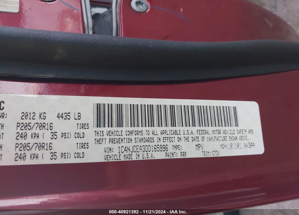 2013 JEEP COMPASS LATITUDE VIN: 1C4NJCEA3DD165996