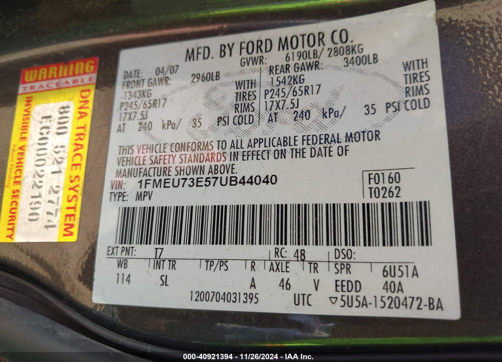 2007 FORD EXPLORER XLT VIN: 1FMEU73E57UB44040
