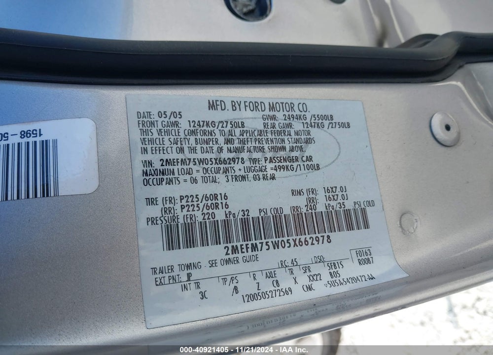 2005 MERCURY GRAND MARQUIS LS/LSE VIN: 2MEFM75W05X662978