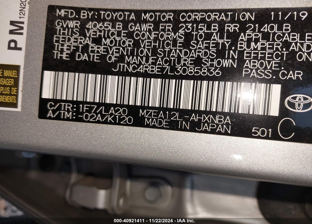 2020 TOYOTA COROLLA XSE VIN: JTNC4RBE7L3085836