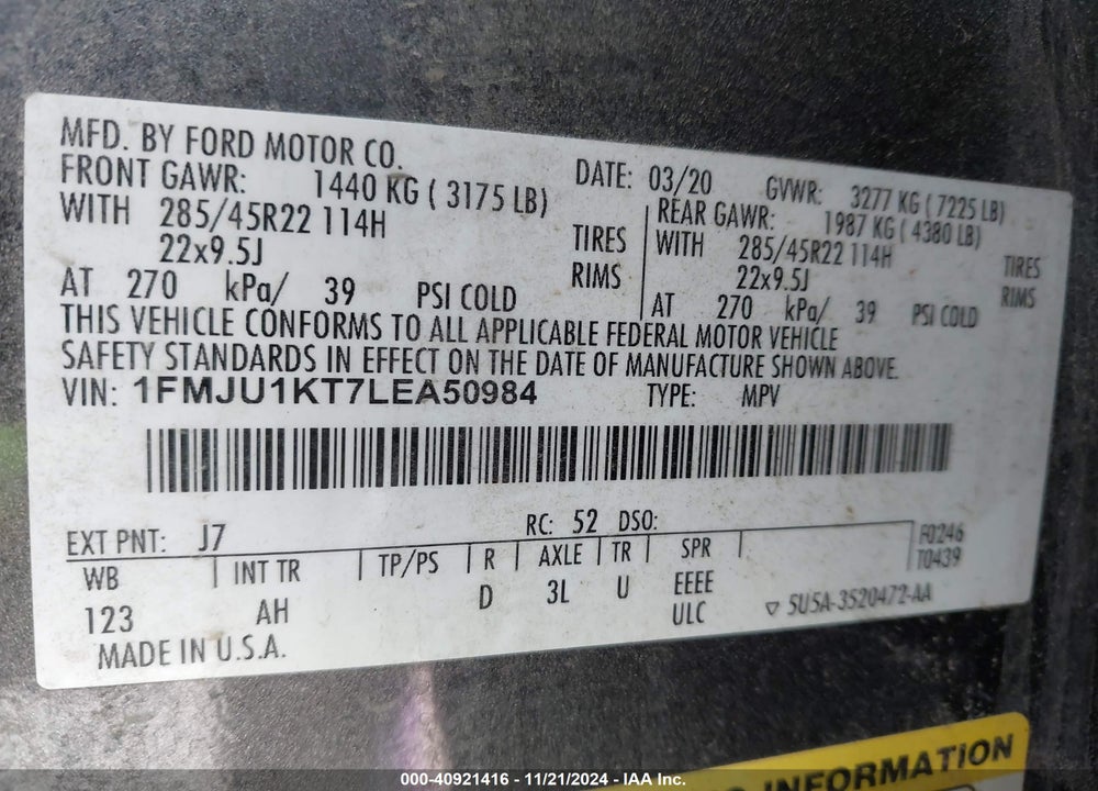 2020 FORD EXPEDITION LIMITED VIN: 1FMJU1KT7LEA50984