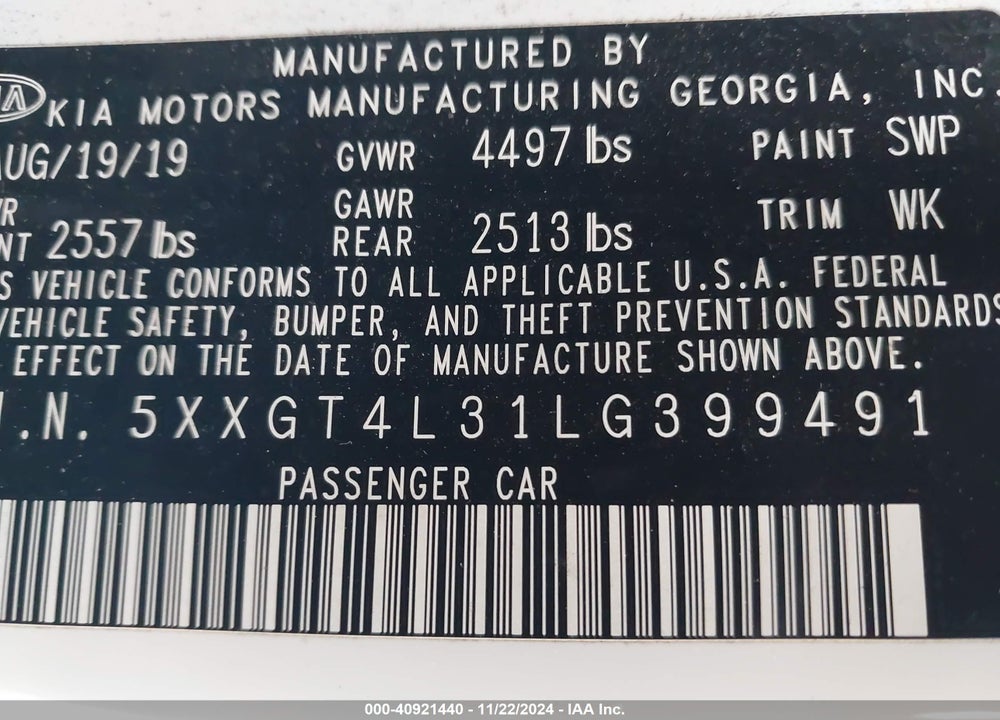 2020 KIA OPTIMA S VIN: 5XXGT4L31LG399491