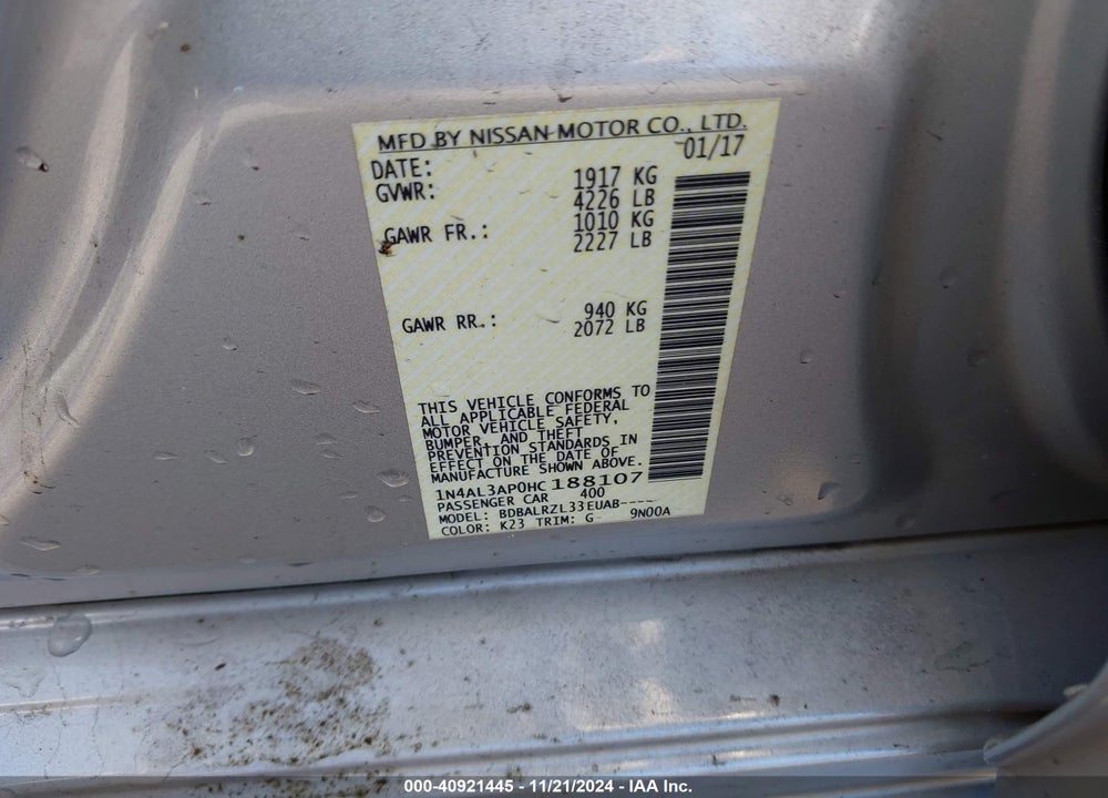 2017 NISSAN ALTIMA VIN: 1N4AL3AP0HC188107
