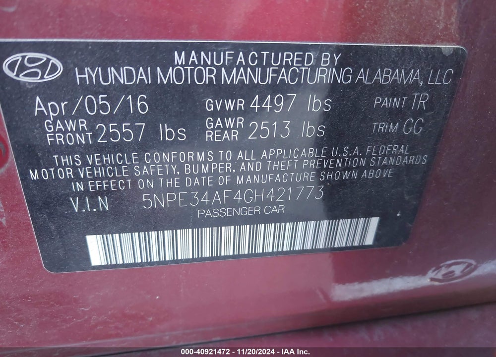 2016 HYUNDAI SONATA SPORT VIN: 5NPE34AF4GH421773
