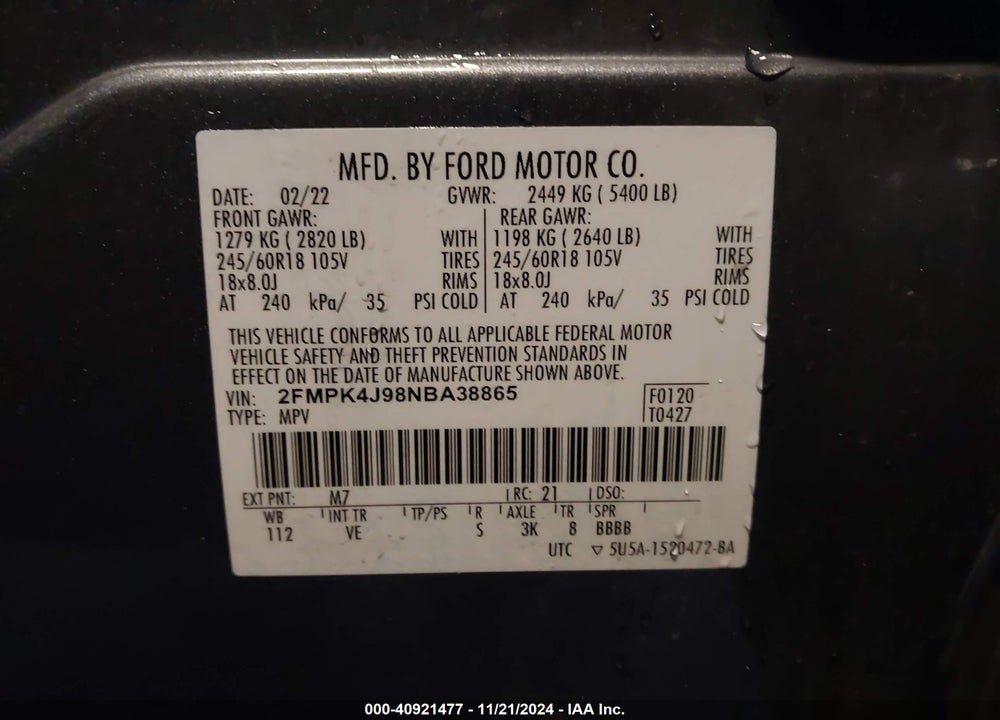 2022 FORD EDGE SEL VIN: 2FMPK4J98NBA38865