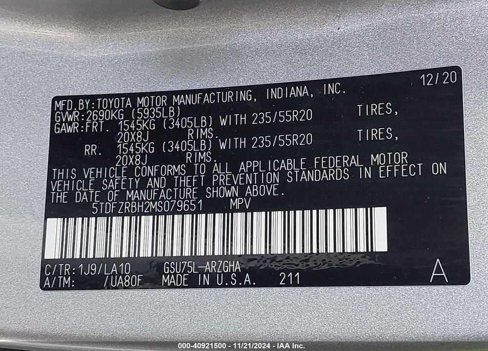 2021 TOYOTA HIGHLANDER PLATINUM VIN: 5TDFZRBH2MS079651