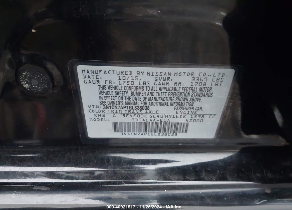 2016 NISSAN VERSA 1.6 S+ VIN: 3N1CN7AP1GL838038