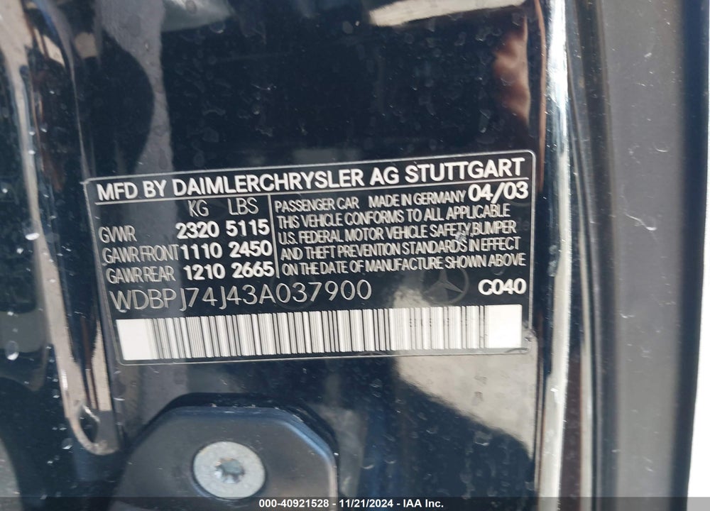 2003 MERCEDES-BENZ CL 55 AMG VIN: WDBPJ74J43A037900