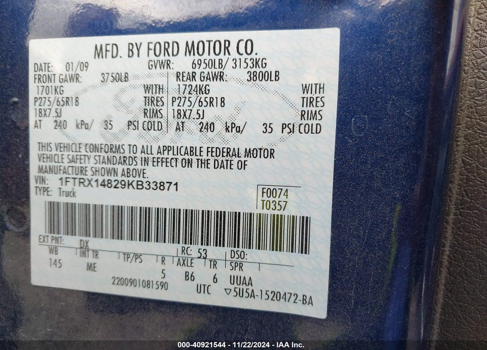 2009 FORD F-150 XLT VIN: 1FTRX14829KB33871