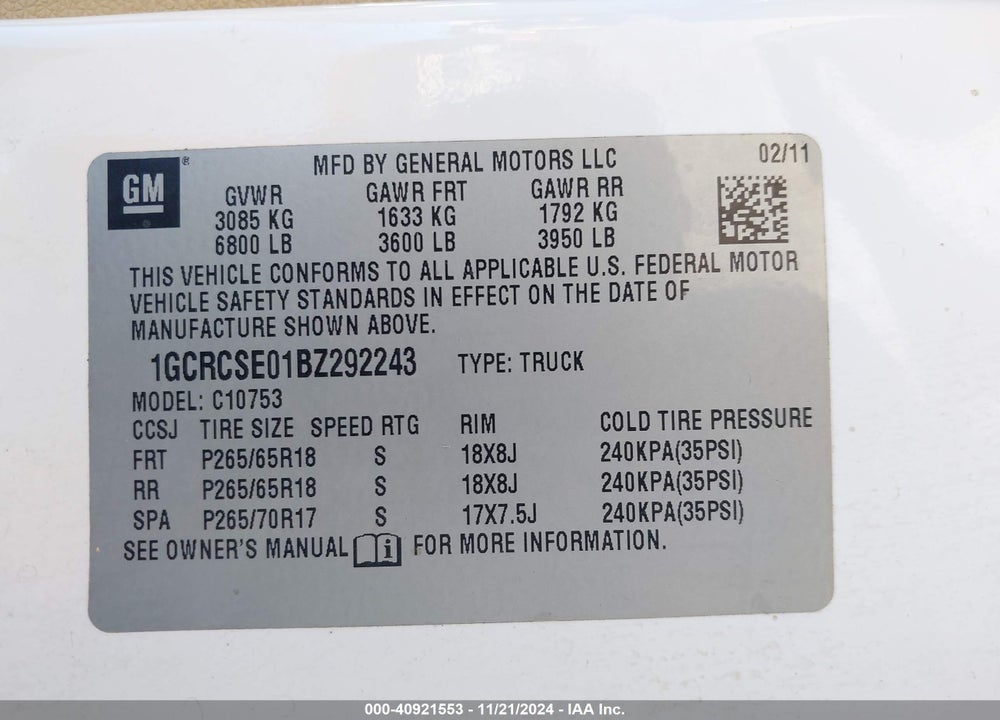 2011 CHEVROLET SILVERADO 1500 LT VIN: 1GCRCSE01BZ292243