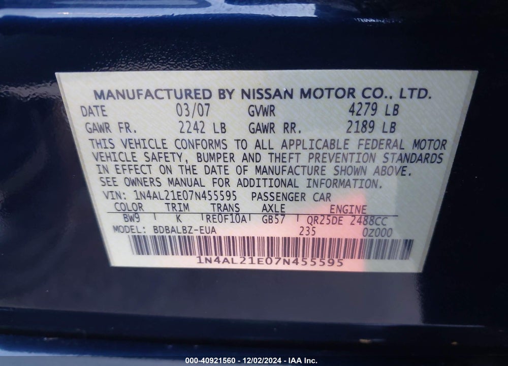 2007 NISSAN ALTIMA 2.5 S VIN: 1N4AL21E07N455595