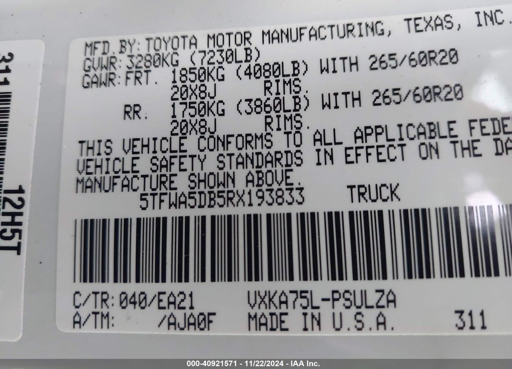 2024 TOYOTA TUNDRA VIN: 5TFWA5DB5RX193833