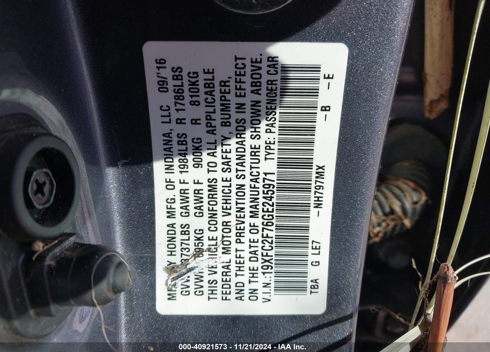 2016 HONDA CIVIC VIN: 19XFC2F76GE245971
