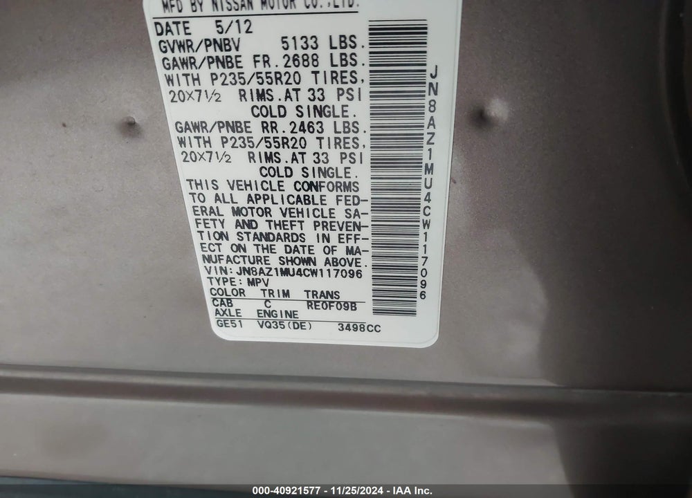 2012 NISSAN MURANO LE VIN: JN8AZ1MU4CW117096