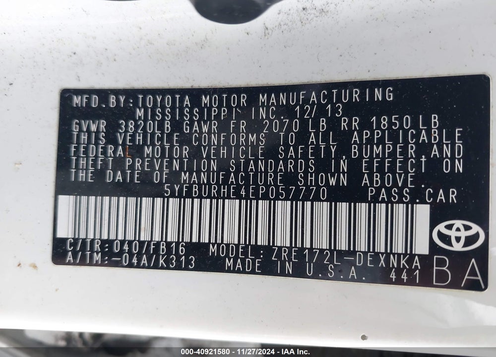 2014 TOYOTA COROLLA LE PLUS VIN: 5YFBURHE4EP057770
