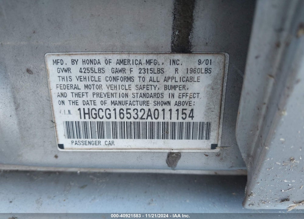 2002 HONDA ACCORD 3.0 EX VIN: 1HGCG16532A011154