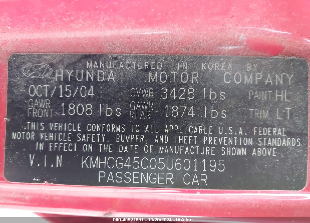 2005 HYUNDAI ACCENT GLS VIN: KMHCG45C05U601195