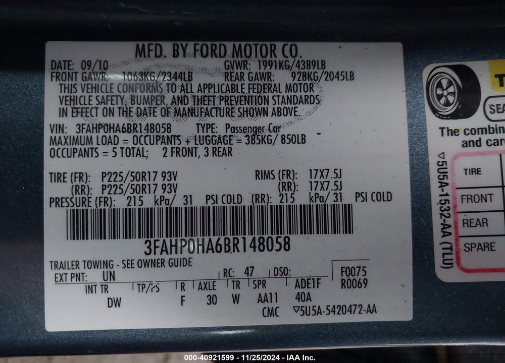 2011 FORD FUSION SE VIN: 3FAHP0HA6BR148058
