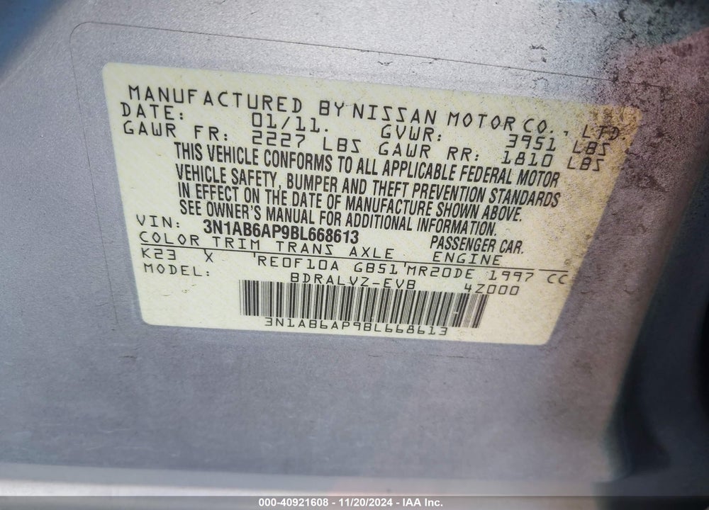 2011 NISSAN SENTRA 2.0SL VIN: 3N1AB6AP9BL668613