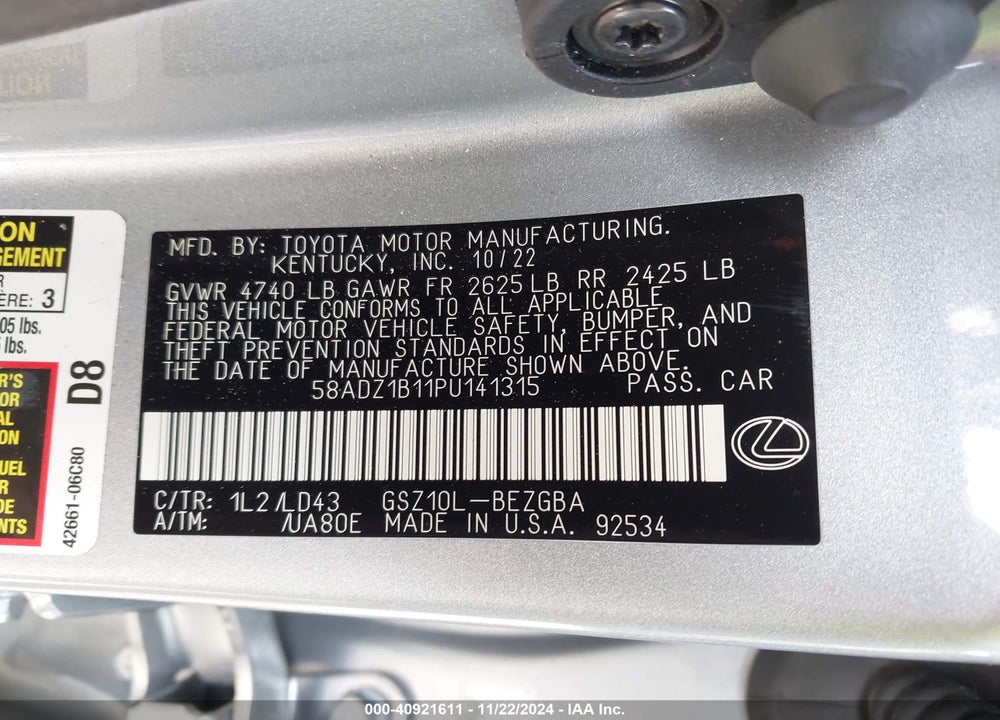 2023 LEXUS ES 350 VIN: 58ADZ1B11PU141315