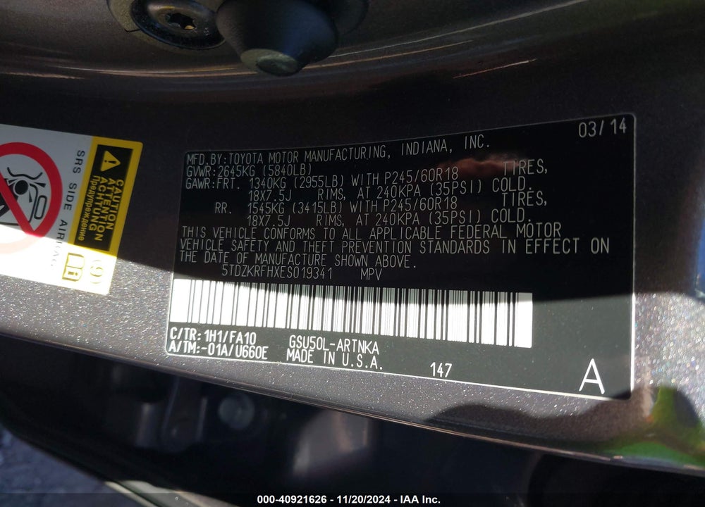 2014 TOYOTA HIGHLANDER LE PLUS/LE PLUS V6 VIN: 5TDZKRFHXES019341