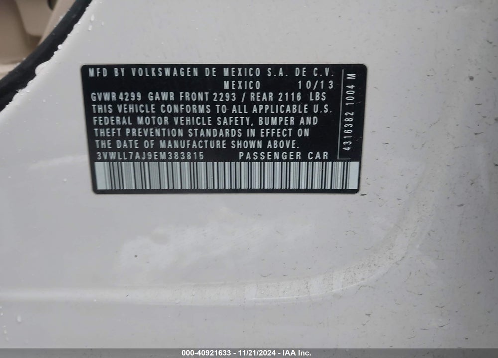2014 VOLKSWAGEN JETTA VIN: 3VWLL7AJ9EM383815