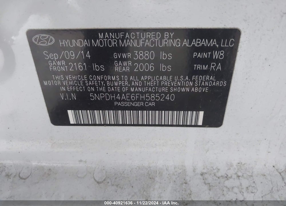 2015 HYUNDAI ELANTRA SE VIN: 5NPDH4AE6FH585240