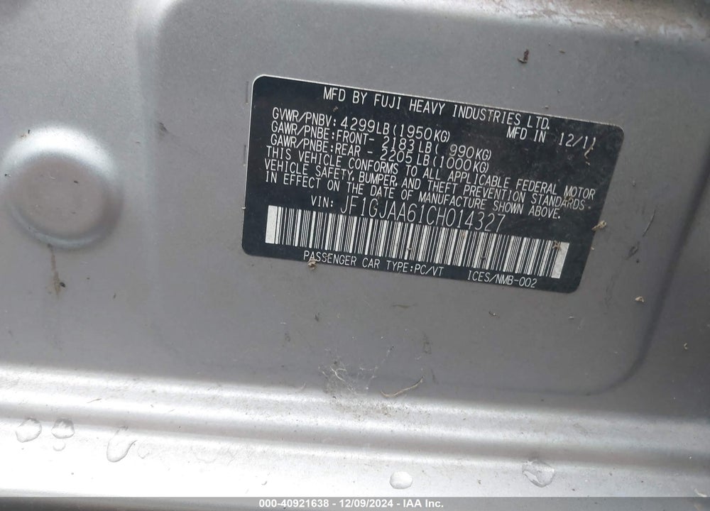 2012 SUBARU IMPREZA VIN: JF1GJAA61CH014327