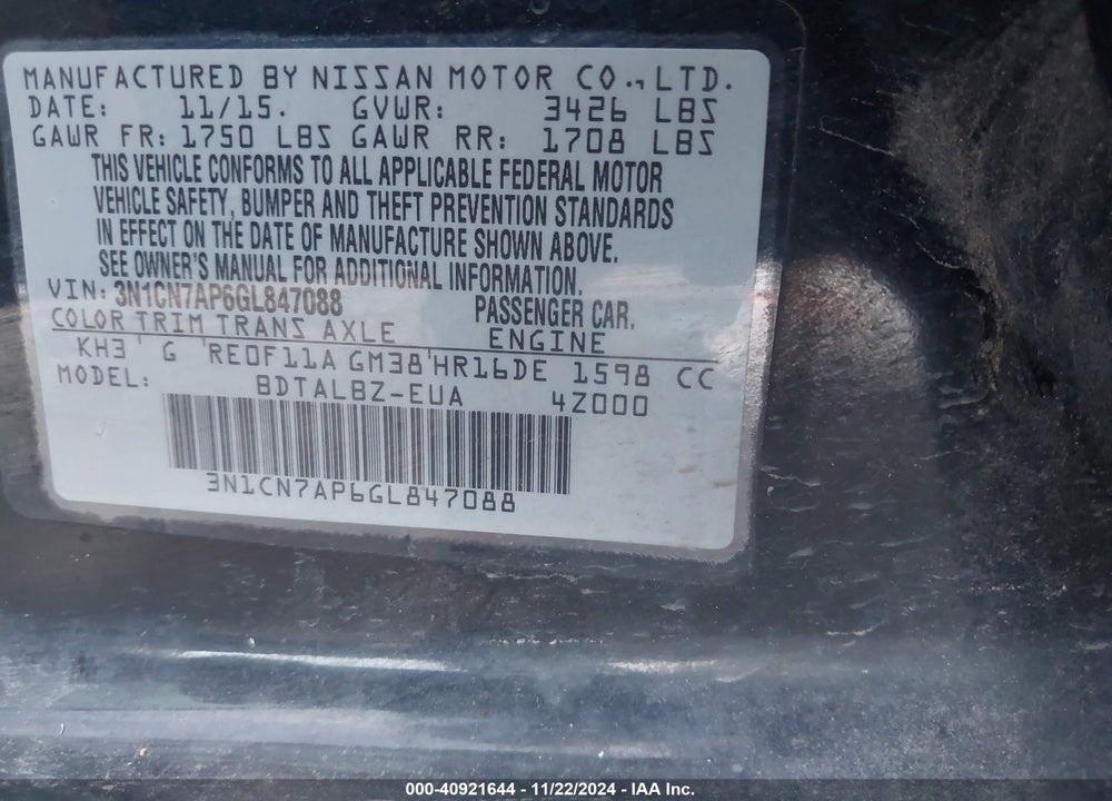 2016 NISSAN VERSA 1.6 SV VIN: 3N1CN7AP6GL847088