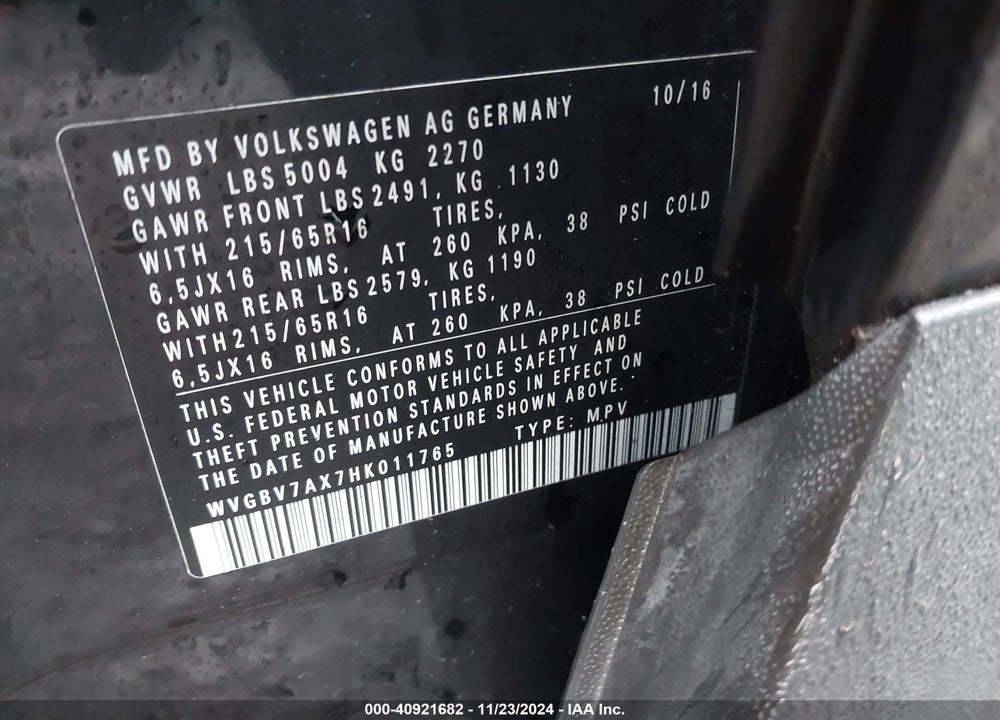 2017 VOLKSWAGEN TIGUAN 2.0T S VIN: WVGBV7AX7HK011765
