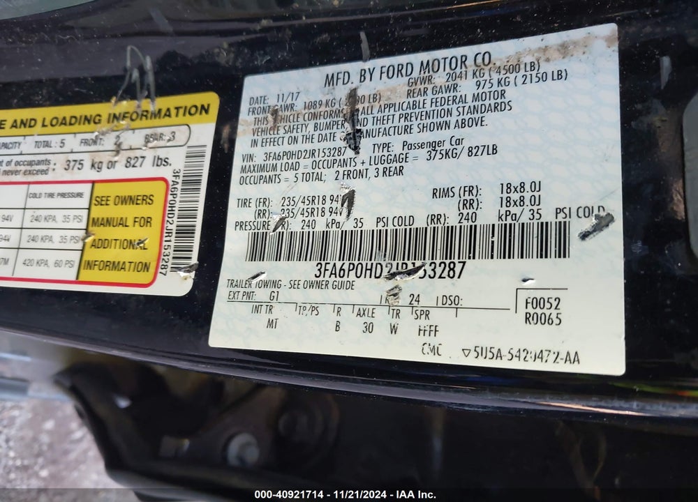 2018 FORD FUSION SE VIN: 3FA6P0HD2JR153287