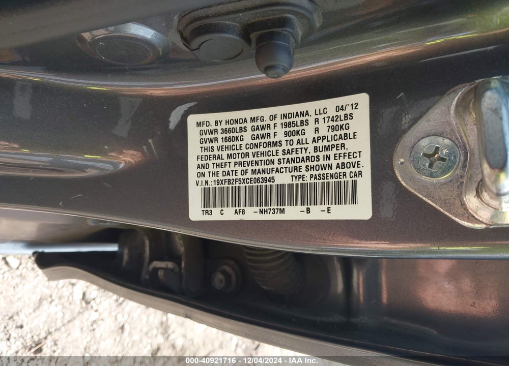 2012 HONDA CIVIC SDN VIN: 19XFB2F5XCE063945