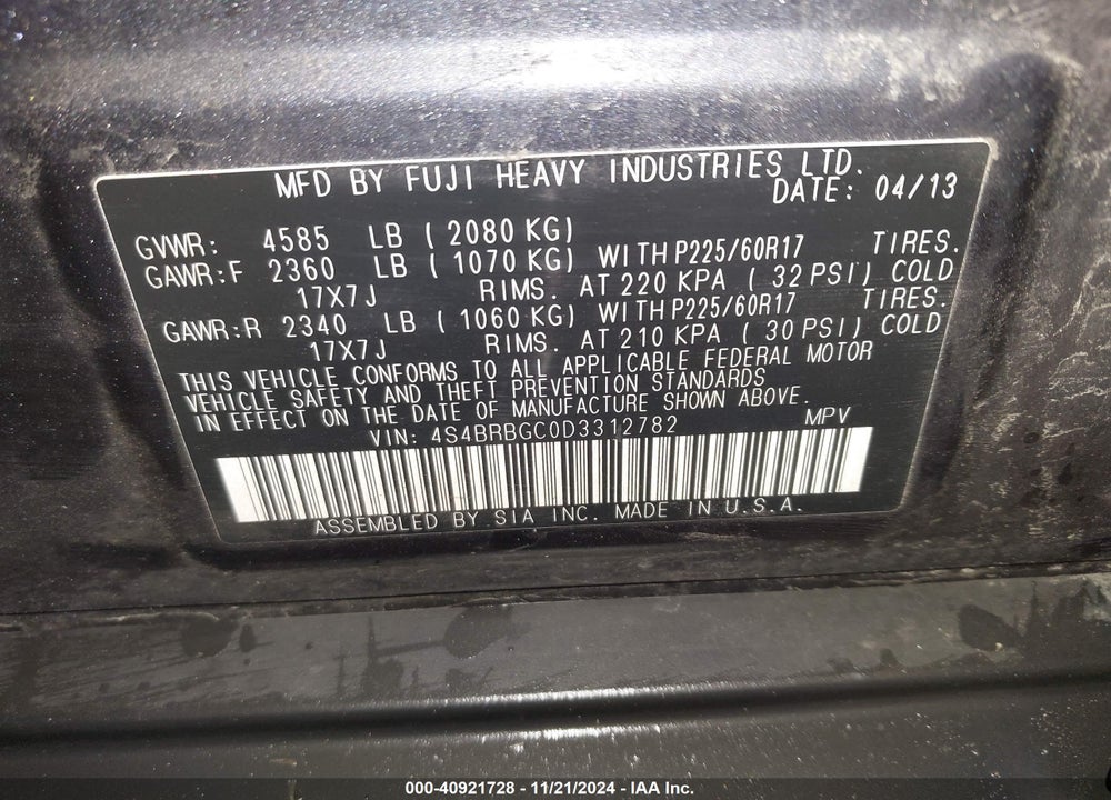 2013 SUBARU OUTBACK 2.5I PREMIUM VIN: 4S4BRBGC0D3312782