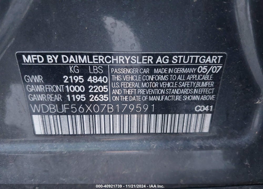 2007 MERCEDES-BENZ E VIN: WDBUF56X07B179591