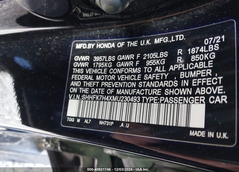 2021 HONDA CIVIC SPORT VIN: SHHFK7H4XMU230493