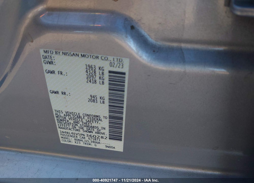 2023 NISSAN ALTIMA SL FWD VIN: 1N4BL4EV5PN360282
