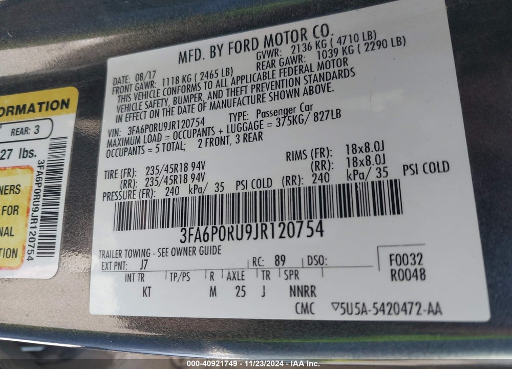 2018 FORD FUSION HYBRID TITANIUM VIN: 3FA6P0RU9JR120754