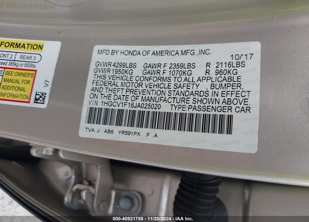 2018 HONDA ACCORD LX VIN: 1HGCV1F16JA025020