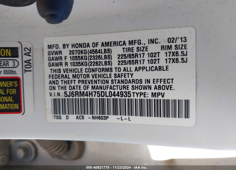 2013 HONDA CR-V EX-L VIN: 5J6RM4H75DL044935