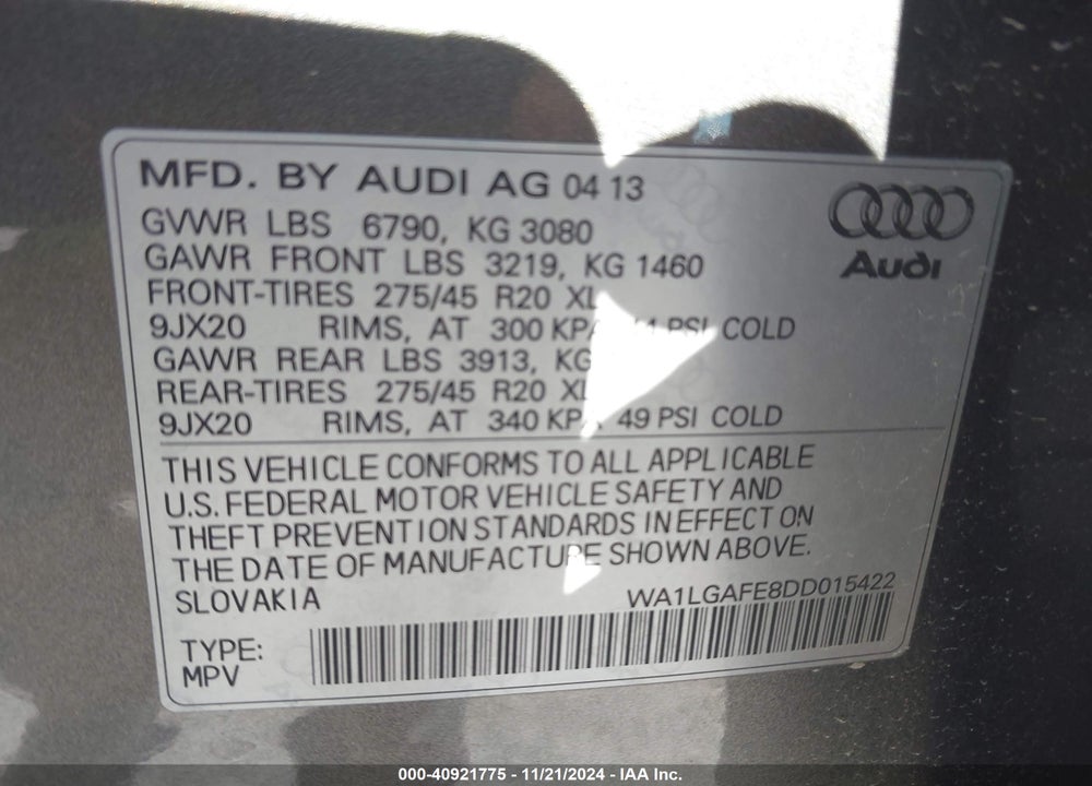 2013 AUDI Q7 3.0T PREMIUM VIN: WA1LGAFE8DD015422