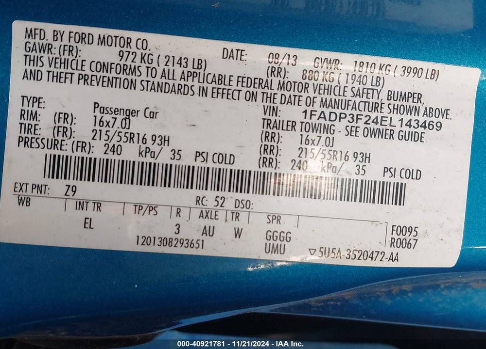 2014 FORD FOCUS SE VIN: 1FADP3F24EL143469