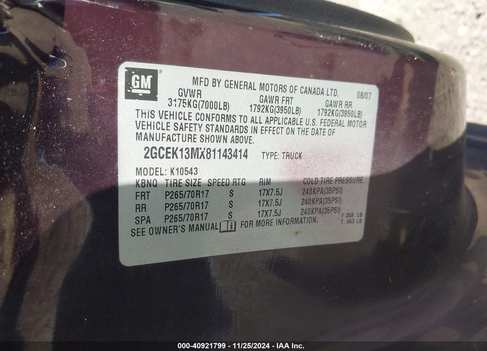 2008 CHEVROLET SILVERADO 1500 LT1 VIN: 2GCEK13MX81143414