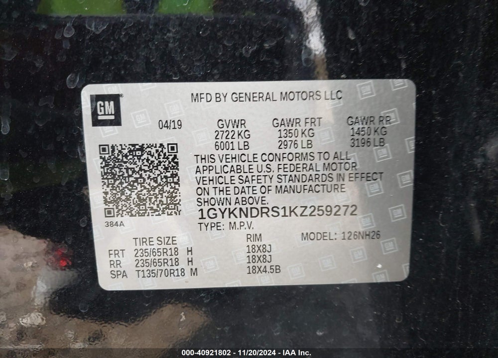 2019 CADILLAC XT5 LUXURY VIN: 1GYKNDRS1KZ259272